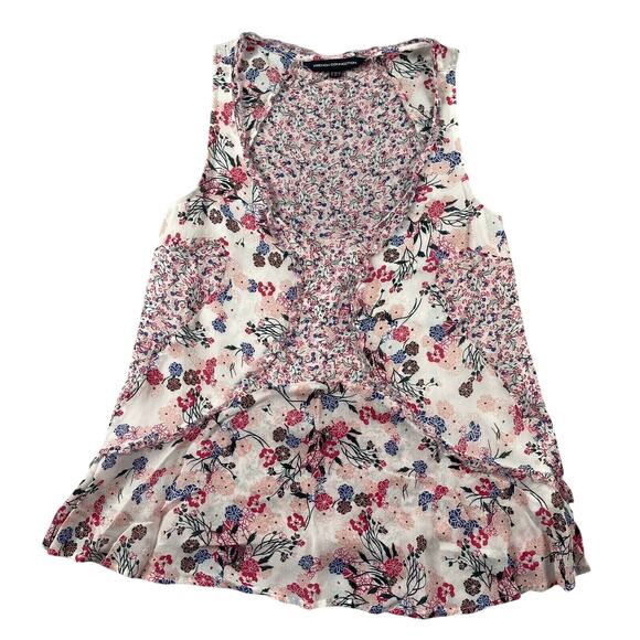 French Connection Top Womens 2 White Pink Multi Floral Chiffon Raw Edge Tank - Picture 1 of 13